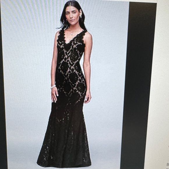 Betsy & Adam Black Lace V-Neck Maxi Gown